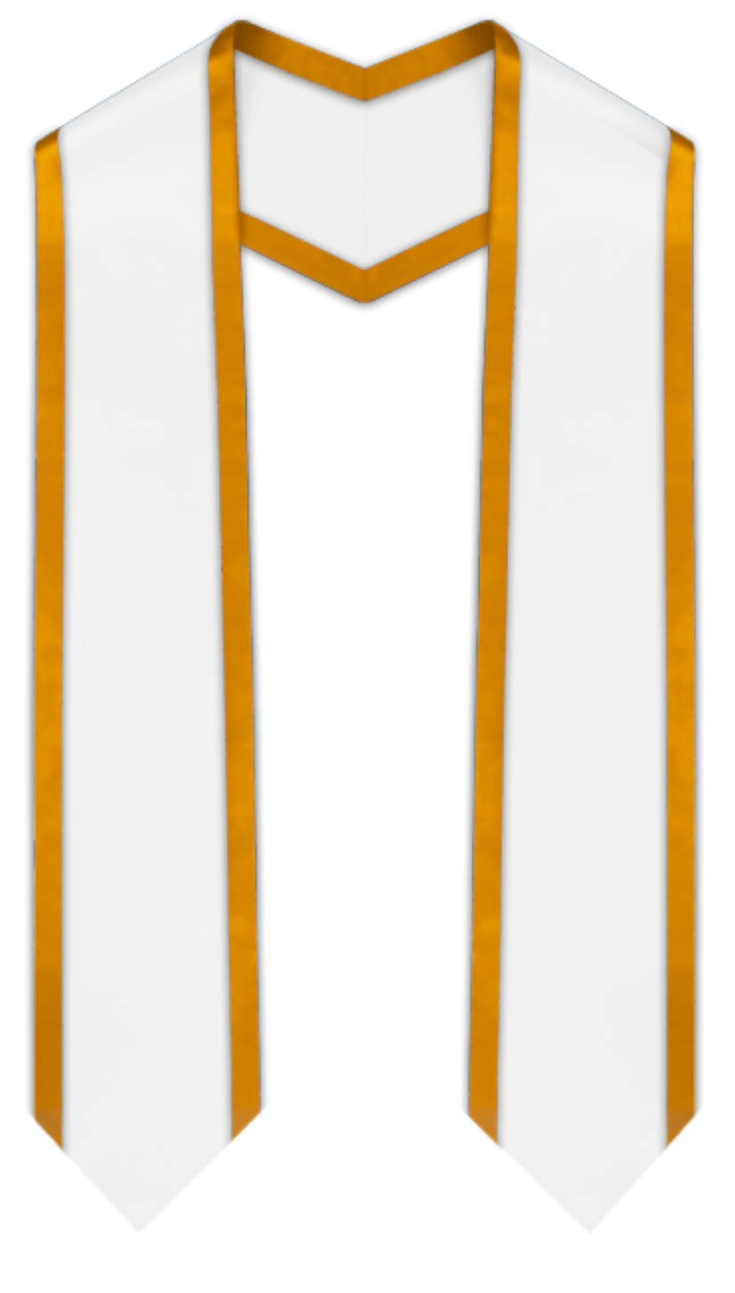 Estola de graduación puntiaguda blanca con ribete dorado antiguo