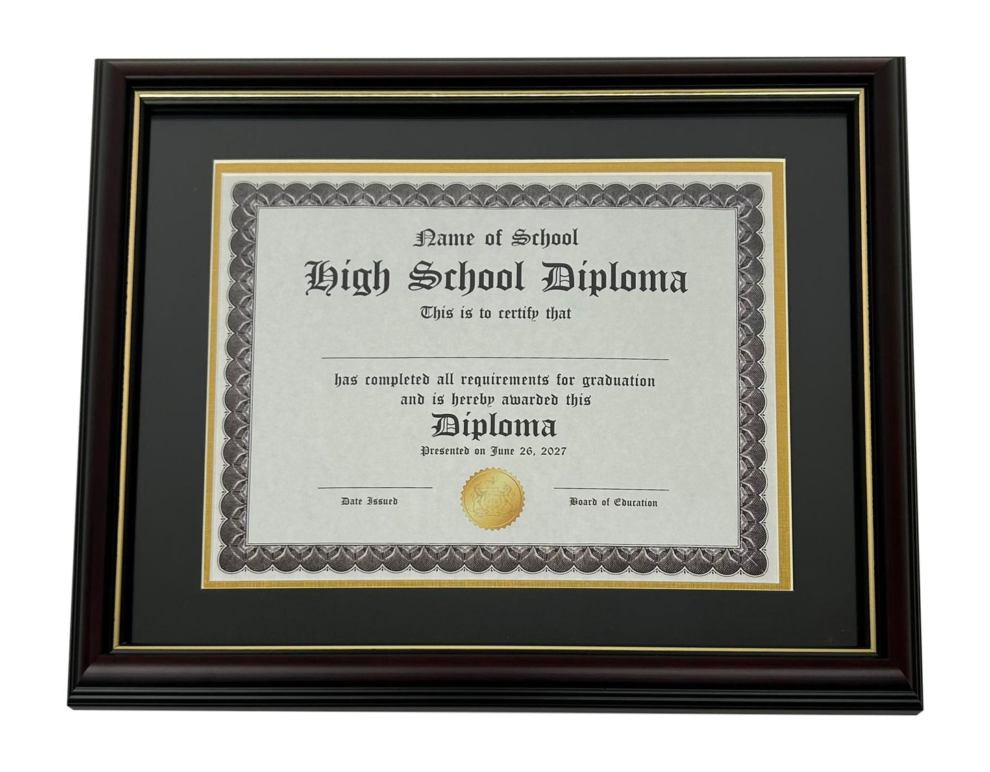 Marco para diploma de graduación de madera auténtica, cerezo brillante con adornos dorados | Se adapta a certificados de 8,5" x 11" o 11" x 14"