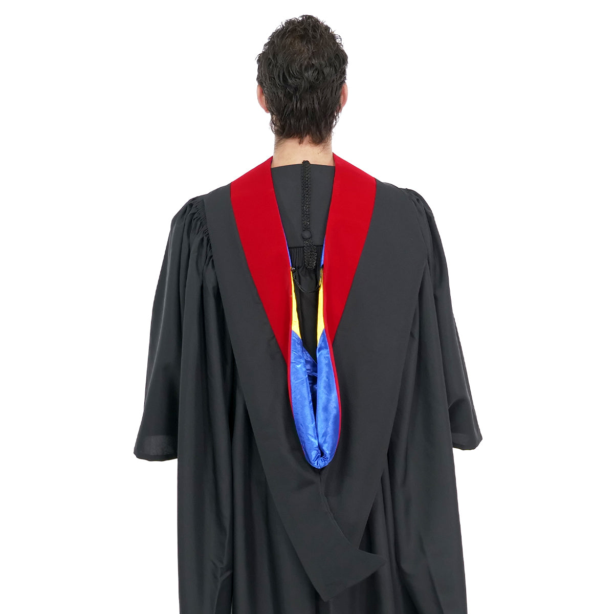 Muceta de Licenciatura/Maestría de lujo - Terciopelo escarlata, azul francia y amarillo dorado