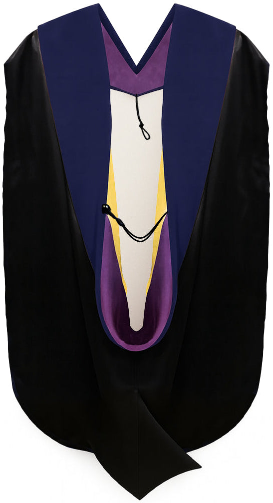 Muceta de Doctorado (PhD) de Terciopelo Azul Oscuro - Púrpura y Amarillo Dorado