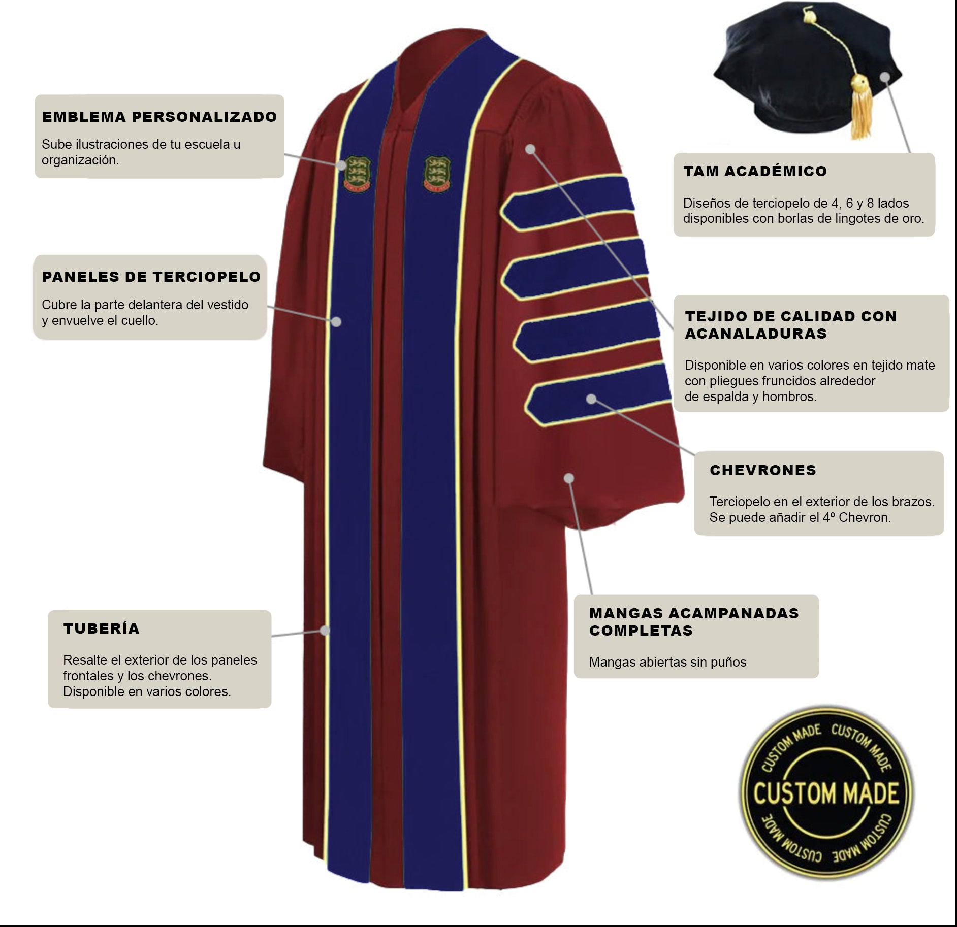 Paquete personalizado de Toga y Birrete Tam de Doctorado de lujo