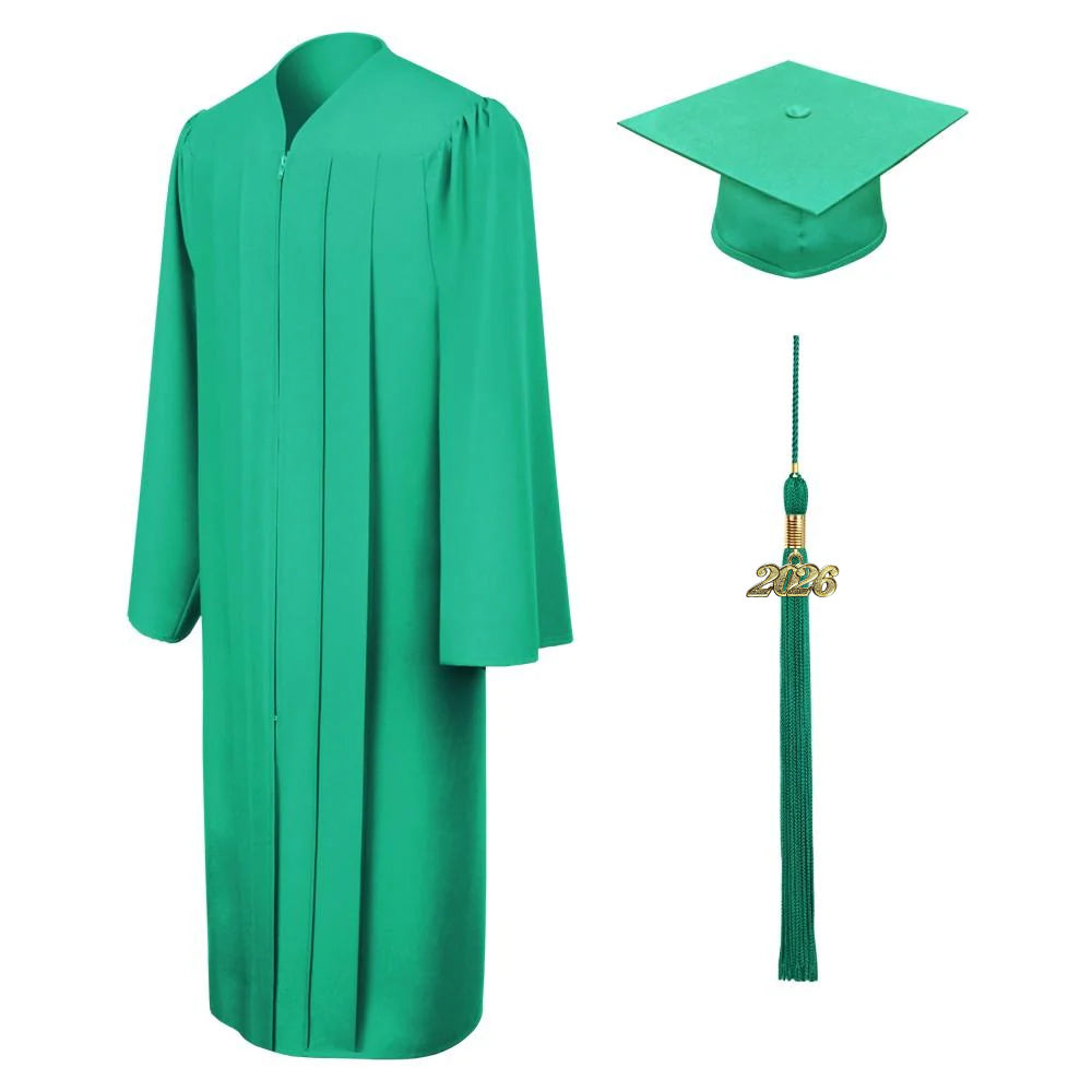 Birrete, toga y borla verde esmeralda mate de secundaria
