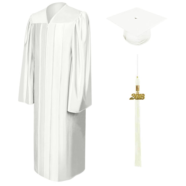 Birrete, toga y borla blanco brillante de secundaria - Graduacion